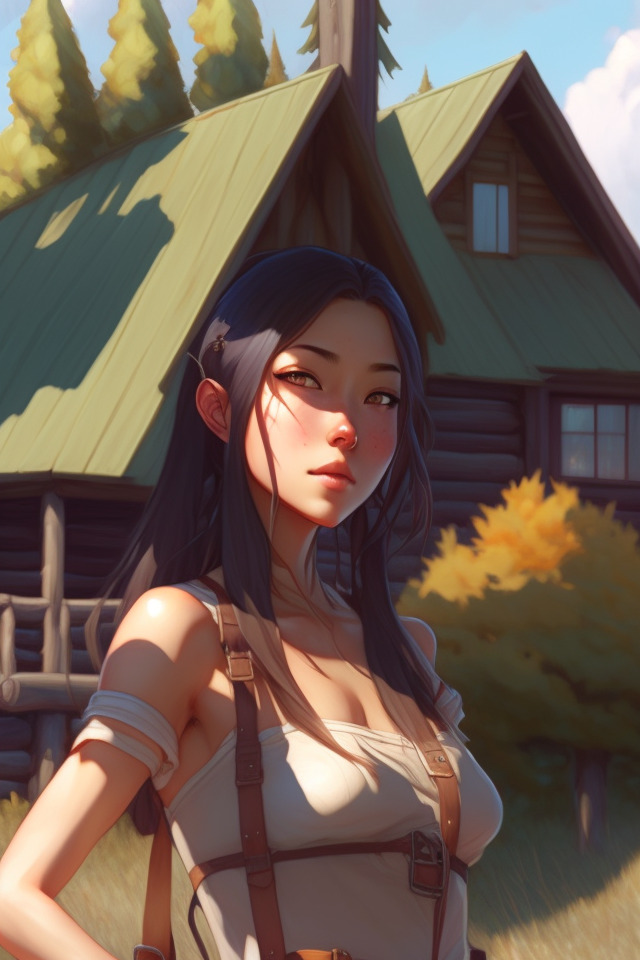 a beautiful girl In front of the cabin, the country, by Artgerm Lau and Krenz Cushart，hyperdetailed, trending on artstation, trending on deviantar.jpg