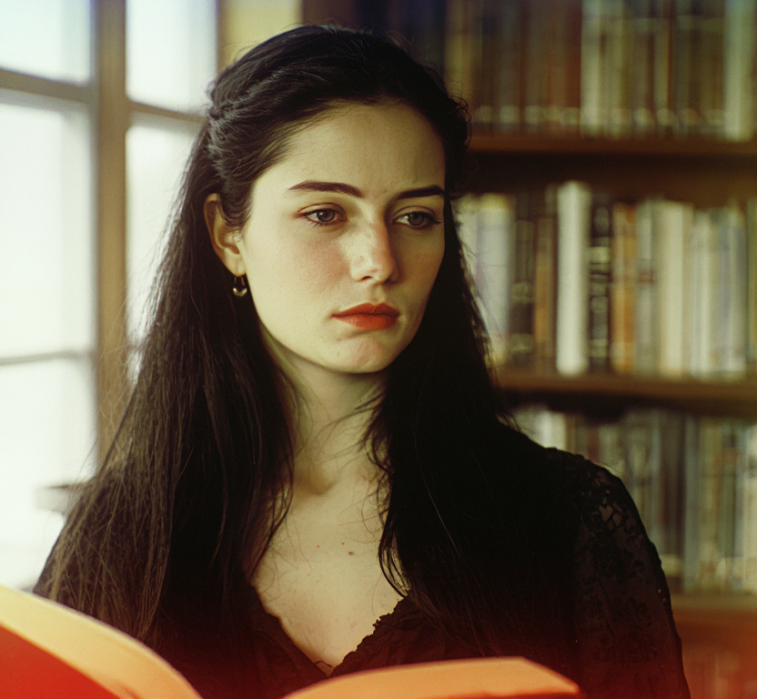 HST style autochrome photo of a dark-haired woman in a reading room